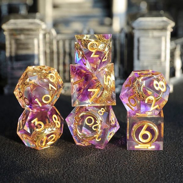 Golden Ring Purple Haze with Gold Inscriptions | Cthulhu Mythos CoC Dice Set | 7-Piece Polyhedral RPG Dice