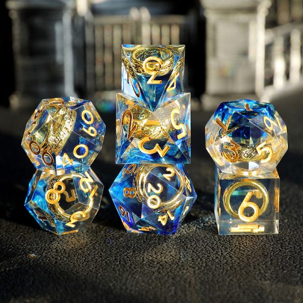 Golden Ring Purple Haze with Gold Inscriptions | Cthulhu Dice Set | 7-Piece Polyhedral RPG Dice