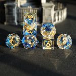 Golden Ring Purple Haze with Gold Inscriptions | Cthulhu Dice Set | 7-Piece Polyhedral RPG Dice