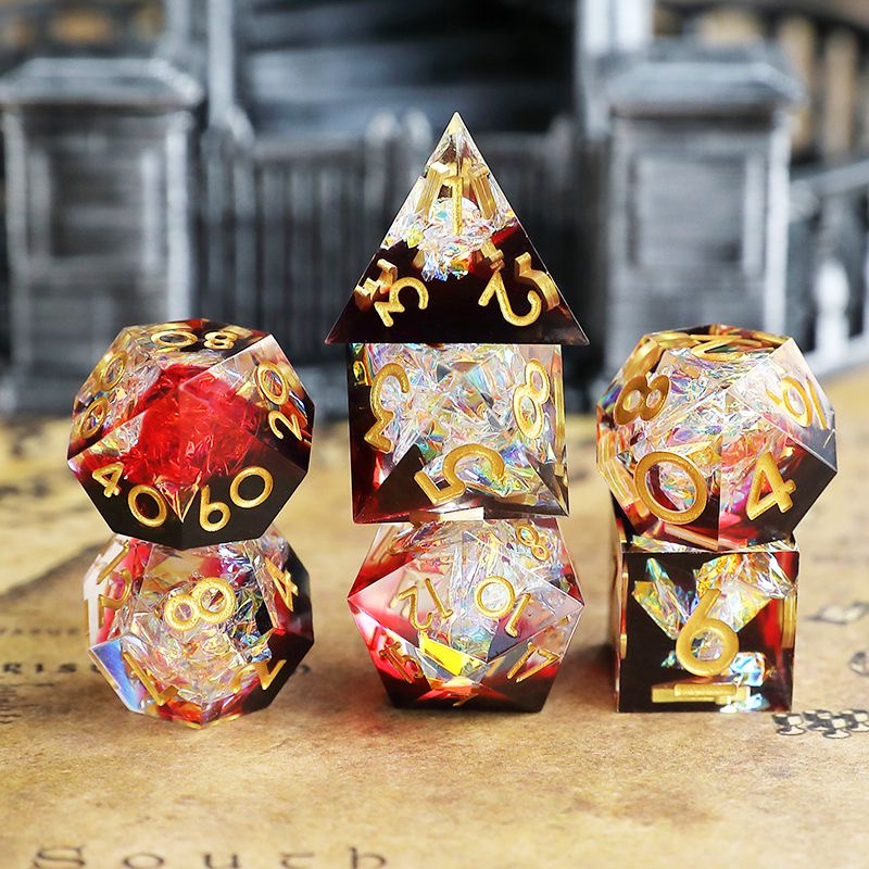 Crimson Chaos with Iridescent Shards | Cthulhu Dice Set | 7-Piece Polyhedral RPG Dice