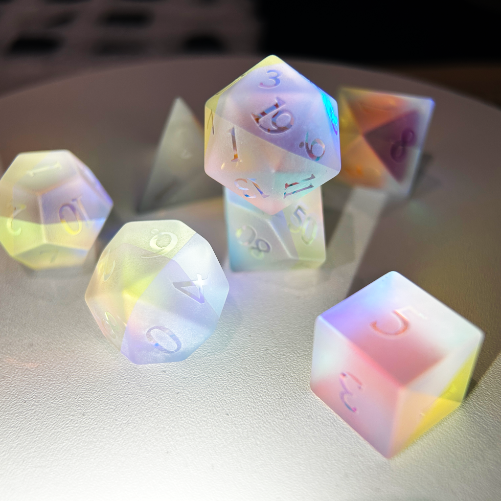 Iridescent Frosted Engraved Crystal Dice | Gaming Art Collectible Roll with Stunning Precision