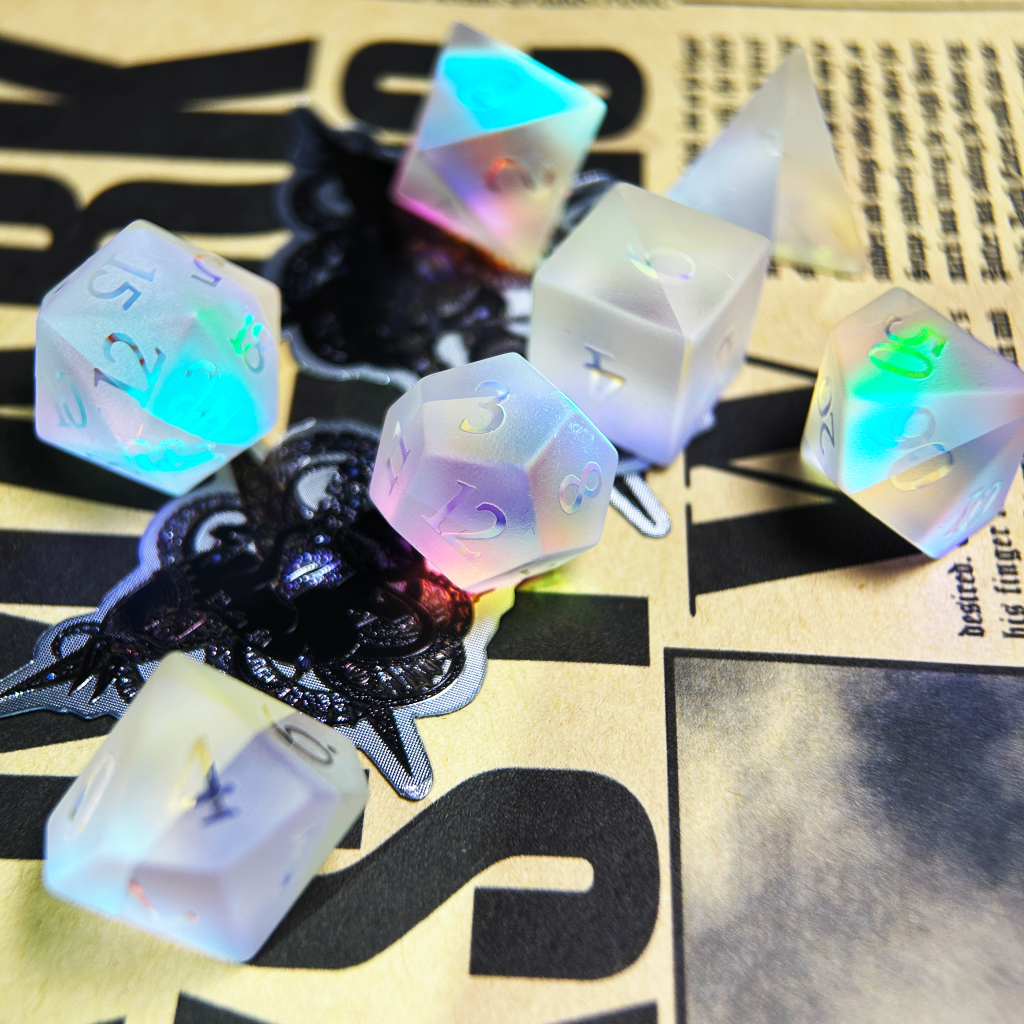 Iridescent Frosted Engraved Crystal Dice | Gaming Art Collectible Roll with Stunning Precision
