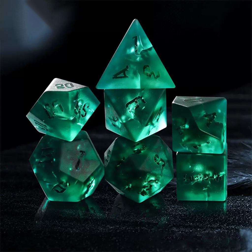 Frosted Burst Green Engraved Crystal Dice | Gaming Art Collectible Roll with Vibrant Flair