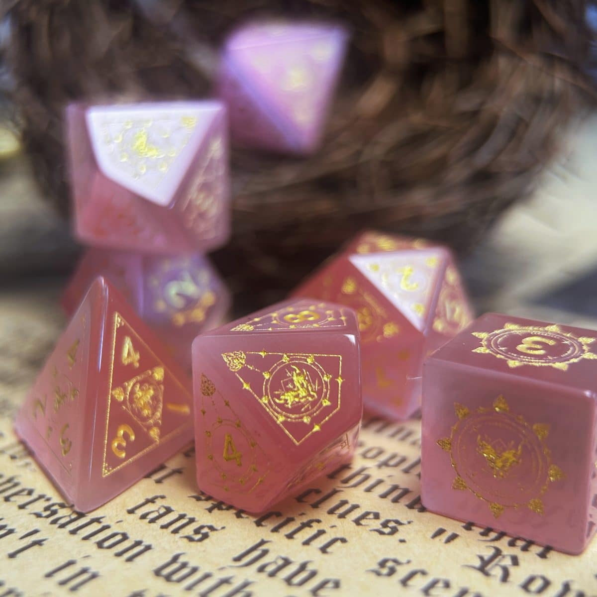 CoC & D&D Pink Cat’s Eye Gem Dice | Gaming Art Collectible