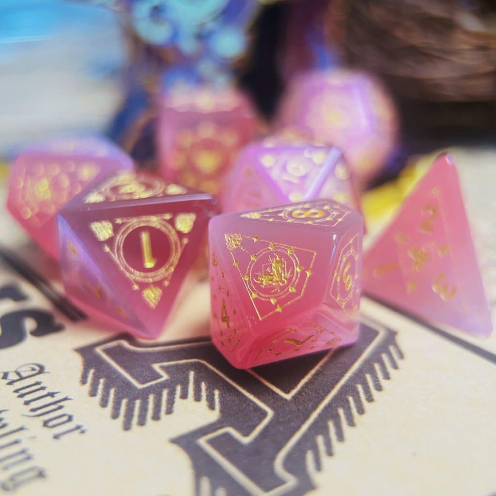 Gem Dice Shop | Unique CoC & D&D Crystal Dice Sets 8 CoC & D&D Pink Cat’s Eye Gem Dice | Gaming Art Collectible